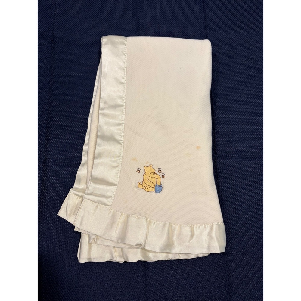 Vintage Classic Pooh Disney Baby Blanket Cream Waffle Knit Satin Trim NB 23143